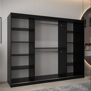 The CHOICEWARDROBE Tavira 3 Door Sliding Mirrored Wardrobe in black offers deep, adjustable storage with multiple shelves, two hanging rods, and a central mirror—perfect for stylish bedroom organization in modern spaces.
