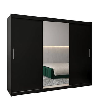 The CHOICEWARDROBE Tavira 3 Door Sliding Mirrored Wardrobe in black boasts a 250cm extra-wide design with a central mirror, deep storage, and adjustable shelving—a stylish, modern solution for bedroom organization.