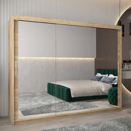 CHOICEWARDROBE Tavira 250cm Oak finish 3 door sliding mirrored wardrobe