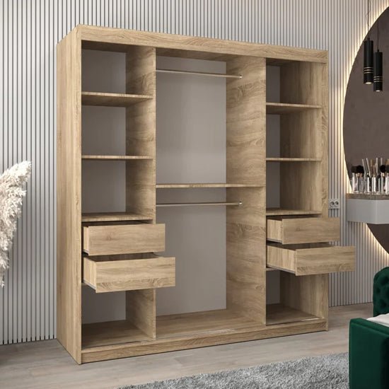 Sonoma Oak 2-door sliding wardrobe with mirrored panels and visible shelves.