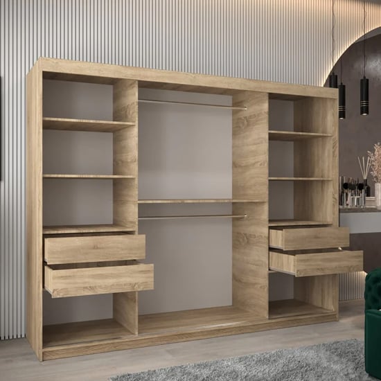 CHOICEWARDROBE Tavira 250cm 3-door sliding wardrobe in Sonoma Oak finish, showing internal shelving and hanging rails.