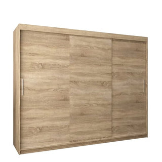 The CHOICEWARDROBE Tavira 3 Door Sliding Wardrobe in Sonoma Oak finish offers a spacious, modern design with smooth sliding doors and internal shelving, perfect for contemporary storage solutions.