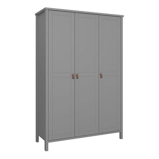 The CHOICEWARDROBE Tavira 3 Door Wooden Wardrobe in Folkestone Grey features a modern minimalist design, leather handles, and spacious storage—ideal for contemporary bedrooms.