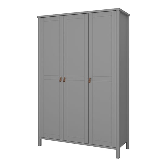 Grey 3-door wooden wardrobe with minimalist design and leather handles.