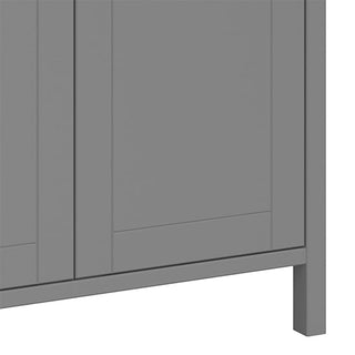 A close-up of the CHOICEWARDROBE Tavira 3 Door Wooden Wardrobe in Folkestone Grey, featuring modern minimalist flat panels, leather handles, and straight legs—a stylish storage solution for any bedroom.