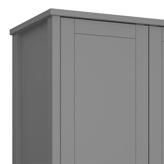 A close-up of the CHOICEWARDROBE Tavira 3 Door Wooden Wardrobe in Folkestone Grey, showcasing its modern minimalist design, flat panels, and leather handles—a spacious storage solution for contemporary bedrooms.