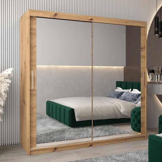 Tavira III 200cm artisan oak wardrobe with two mirrored sliding doors
