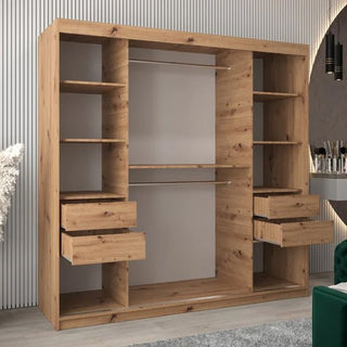 The CHOICEWARDROBE Tavira 3 Mirror Sliding Door Wardrobe (203cm, Oak Effect) offers modern bedroom storage with shelves and a hanging rail, perfect for rooms with light wood floors and vertical wall paneling.