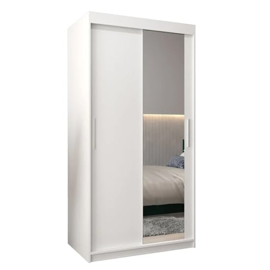 CHOICEWARDROBE Tavira II 100cm white sliding door wardrobe with one full-length mirrored door.
