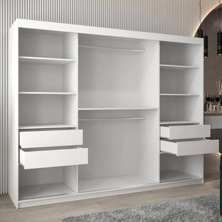 The CHOICEWARDROBE Tavira II 3 Door Mirrored Sliding Wardrobe in a white finish, 250cm wide with full mirror panels and interior storage, stands on a wood floor against a wall with vertical grooves.
