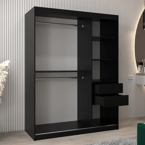 CHOICEWARDROBE Tavira III 150cm black sliding door wardrobe with mirrored doors and two visible drawers.