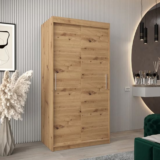 Oak wooden wardrobe with 2 sliding doors and silver handles