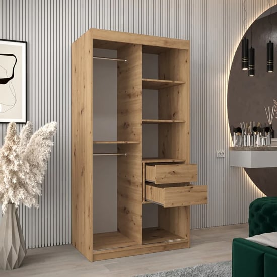 CHOICEWARDROBE Tavira 100cm oak sliding wardrobe with hanging rail and shelves.
