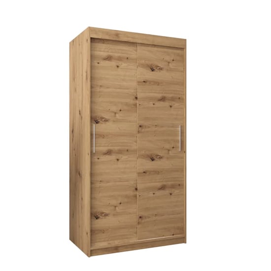 CHOICEWARDROBE Tavira oak effect compact wardrobe with 2 sliding doors and silver handles.