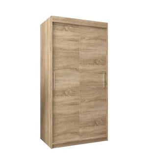 The CHOICEWARDROBE Tavira Wardrobe 100cm in Sonoma Oak finish features two sliding doors with hanging rail and shelving storage, providing stylish bedroom organization against a plain white background.