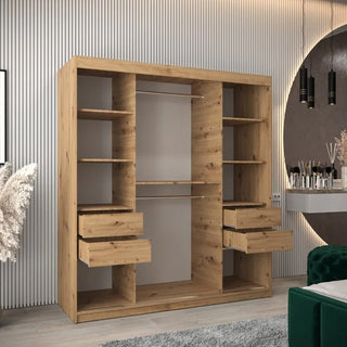 The CHOICEWARDROBE Tavira Wardrobe 180cm in Artisan Oak Finish with 2 sliding doors, spacious shelving, and hanging storage stands in a modern room with striped wall panels, a round mirror, hanging lights, and decorative plants nearby.