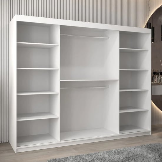 White high gloss 3-door sliding wardrobe with mirrored doors, open view showing shelves and rails.