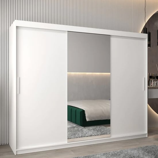 White sliding wardrobe 250cm, 3-door modern design with mirrored panels.