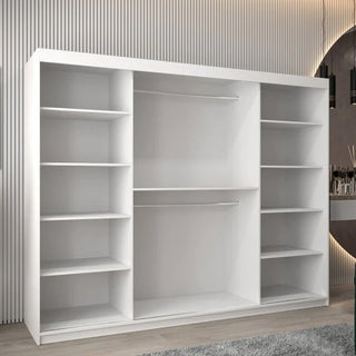 The CHOICEWARDROBE Tavira 250cm White Mirrored Sliding Wardrobe features a modern 3-door design with full-length mirrors, multiple open shelves, and two hanging rails—perfect for stylish and spacious bedroom storage.