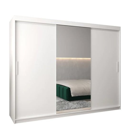 CHOICEWARDROBE Tavira 250cm white 3-door sliding wardrobe with mirrored front.