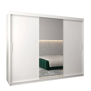 The CHOICEWARDROBE Tavira White Mirrored Sliding Wardrobe (250cm, 3 doors) features a full-length mirror, shelves, and hanging rails—ideal for stylish bedroom storage with modern design and reflective elegance.