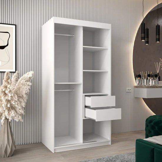White wardrobe with two sliding doors and visible internal storage shelves
