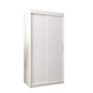 The CHOICEWARDROBE Tavira Wooden Wardrobe features 2 smooth sliding doors, a 100cm width in white, minimalist modern design, and internal storage shelves—ideal for bedroom organization, shown against a plain white background.