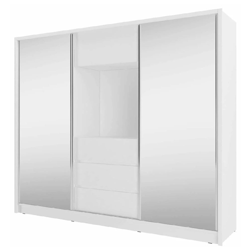White gloss 254cm sliding mirrored wardrobe with central drawers.