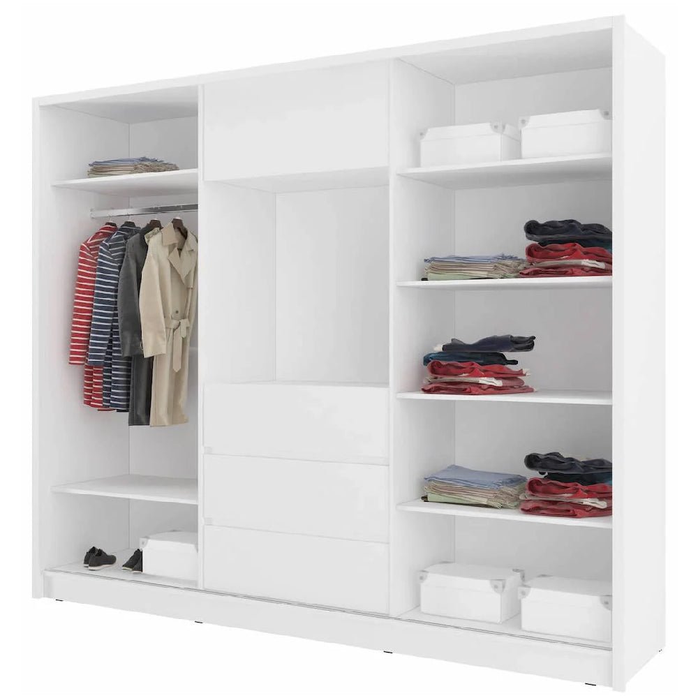 White gloss sliding door wardrobe with mirrored door, drawers, shelves, and hanging rail.