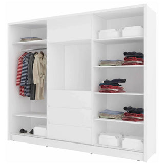 The CHOICEWARDROBE Telluride 254cm 2 Door Sliding Mirrored Wardrobe in white gloss features open shelves, central storage drawers, hanging space on the left, neatly stacked folded clothes, and white storage boxes below and in the top right.