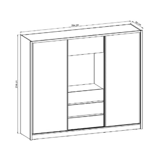 Line drawing of the CHOICEWARDROBE Telluride 254cm 2 Door Sliding Mirrored Wardrobe in white gloss, featuring central storage drawers and shelf. Dimensions: 254cm wide, 241cm high, and 60cm deep.