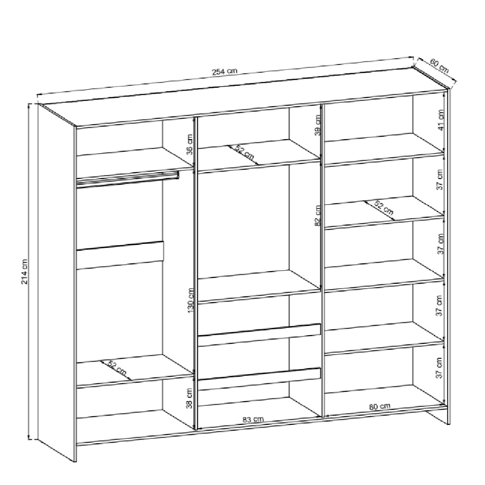 Line drawing of white 254cm sliding door wardrobe with internal shelves, drawers and hanging rail, H:214cm, W:254cm