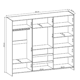 Black and white illustration of the CHOICEWARDROBE Telluride 254cm 2 Door Sliding Mirrored Wardrobe in white gloss, featuring shelves, central storage drawers, hanging rod, and measuring 254 cm wide, 241 cm high, and 60 cm deep.