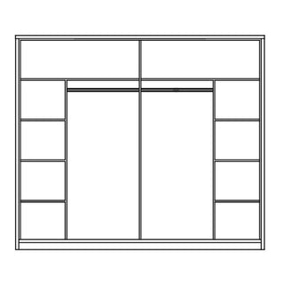 A black and white line drawing of the CHOICEWARDROBE Terni 230cm Sliding Mirrored Wardrobe in Wellington Oak, featuring glass panel doors, central sliding doors, side shelves, and upper compartments—perfect for a modern storage solution.