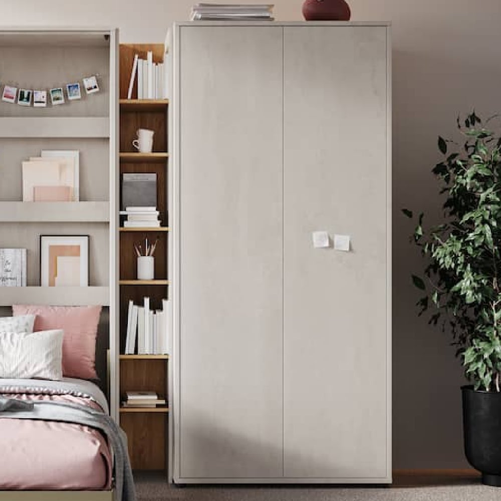 CHOICEWARDROBE Tifton 2 door hinged wardrobe in silk finish with bookshelf and plant.