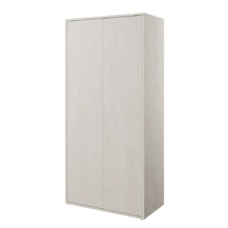 The CHOICEWARDROBE Tifton Silk Finish Wooden Wardrobe is a tall, rectangular, light gray 2-door piece with a modern minimalist design, featuring shelves and a hanging rail—perfect stylish storage for any contemporary bedroom.
