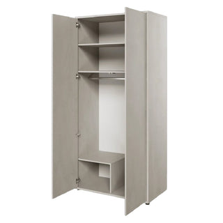 The CHOICEWARDROBE Tifton Silk Finish Wooden Wardrobe (101 cm) features a sleek 2-door gray design, white interior, two upper shelves, hanging rail, and lower compartments with small black feet for elegant modern storage.