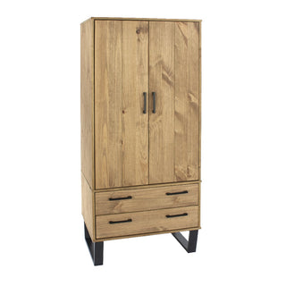The CHOICEWARDROBE Tilston 76.5cm Wardrobe features 2 doors and 2 drawers, rustic oak finish with black metal legs and handles, showcasing wood grain patterns for stylish industrial bedroom storage.