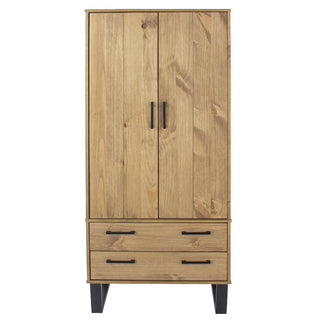 The CHOICEWARDROBE Tilston 76.5cm Wooden Wardrobe features 2 doors, 2 drawers, and black metal legs in a rustic oak finish, blending industrial style with practical bedroom storage.
