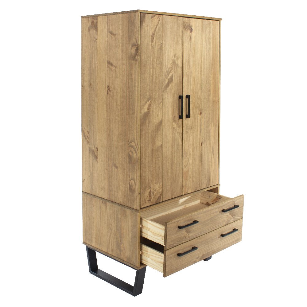 Rustic oak wood wardrobe with two doors, two drawers, and black metal legs.