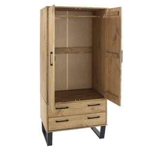 The CHOICEWARDROBE Tilston 76.5cm 2 Door 2 Drawer Wooden Wardrobe in Rustic Oak with Black Metal Legs offers a spacious hanging area, an inner shelf, and two bottom drawers—an industrial-style storage solution for your bedroom.