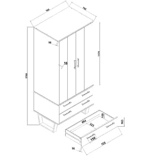 Line drawing of the CHOICEWARDROBE Tilston 76.5cm 2 Door 2 Drawer Wooden Wardrobe in rustic oak with black metal legs. Dimensions and drawer sizes are labeled in millimeters—ideal for industrial bedroom storage.