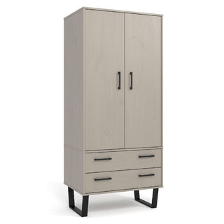 The CHOICEWARDROBE Tilston Modern Wooden Wardrobe features 2 doors, 2 drawers, a white and black finish, contemporary metal handles, and raised legs in a sleek 90cm-wide modern design.