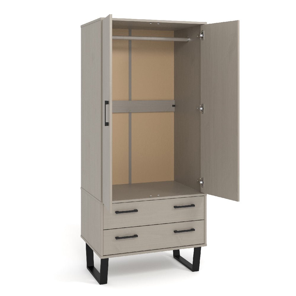 Light wood effect 2 door wardrobe with 2 drawers, black metal handles & legs