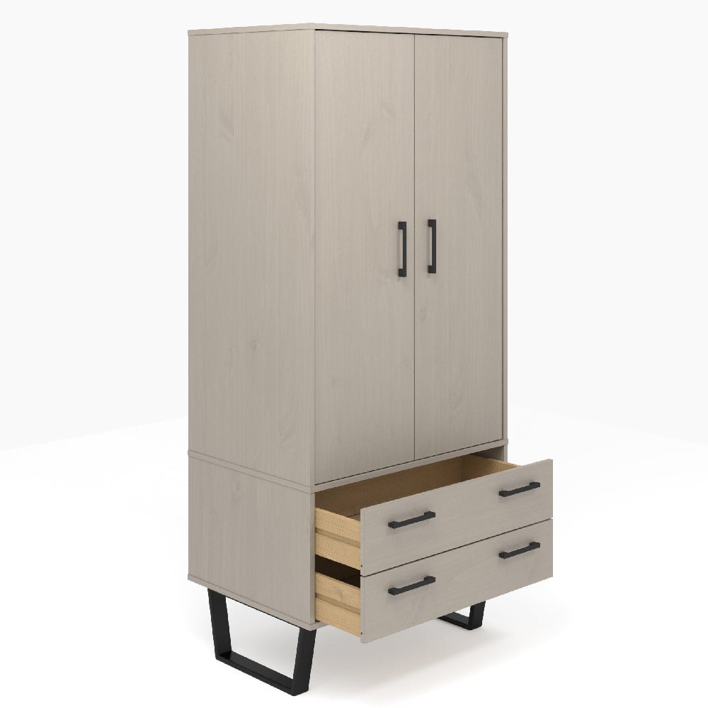 CHOICEWARDROBE Tilston wooden wardrobe, 2 doors, 2 drawers, white and black finish, raised legs.
