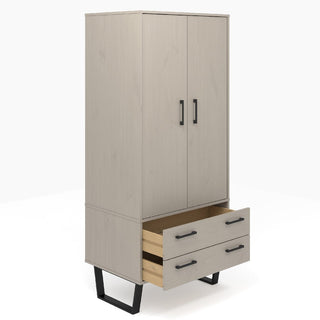 The CHOICEWARDROBE Tilston Modern Wooden Wardrobe features 2 doors, 2 drawers, metal handles, and raised legs in a sleek white and black design. It’s 90cm wide and stands against a plain white background.