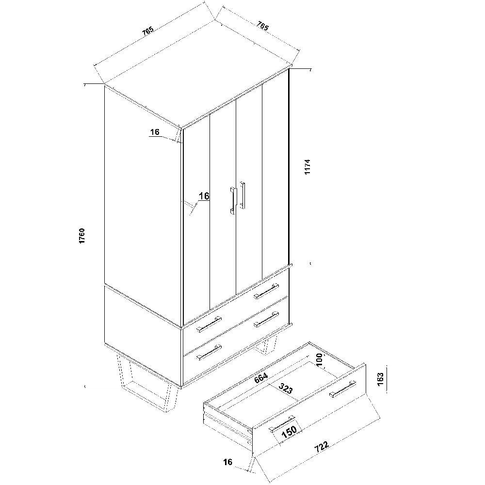 Line drawing of CHOICEWARDROBE Tilston 2-door, 2-drawer wardrobe with dimensions.