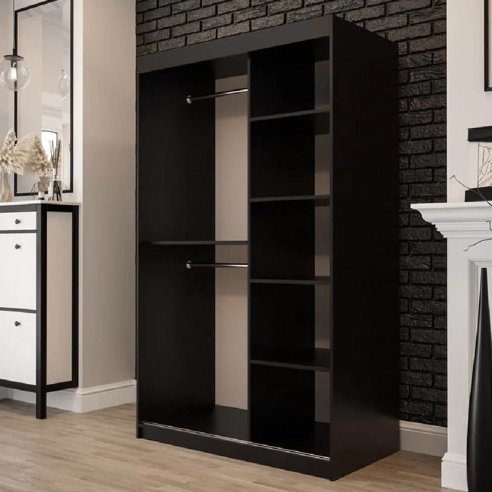 CHOICEWARDROBE Topeka 120cm sliding wardrobe, dark oak and black, with internal shelves and hanging rails.