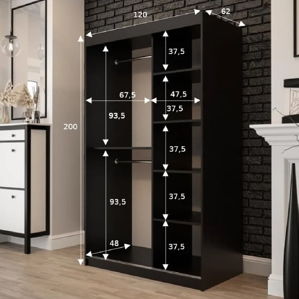 CHOICEWARDROBE Topeka 120cm sliding wardrobe with mirrored door, dark oak & black finish, 200cm height.