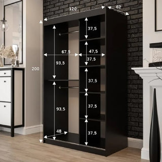 The CHOICEWARDROBE Topeka 120cm Dark Oak & Black Sliding Wardrobe with 2 Mirror Doors adds modern industrial storage, standing against a black brick wall between a white fireplace and mirrored console table.